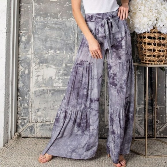 Eesome Smoky Purple Gray High Waist Tiered Flared Tie Dye Wide Leg Palazzo Pants - Picture 5 of 15